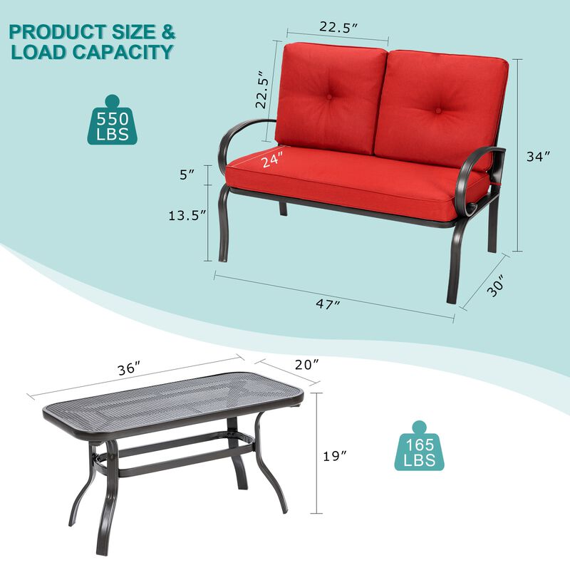 2 Pieces Patio Outdoor Cushioned Coffee Table Seat