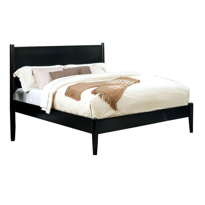 Mid Century Modern Wood Queen Bed with Round Tapered Legs, Black