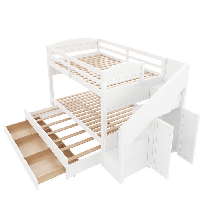 Merax Twin XL White Bunk Bed with Trundle, Storage Staircase, Drawers & Wardrobe
