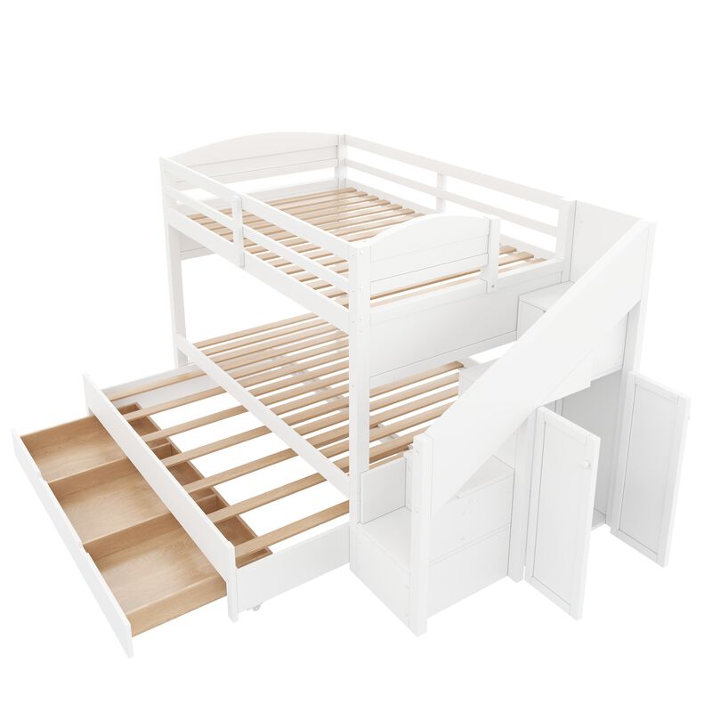 Merax Twin XL White Bunk Bed with Trundle, Storage Staircase, Drawers & Wardrobe image number 0