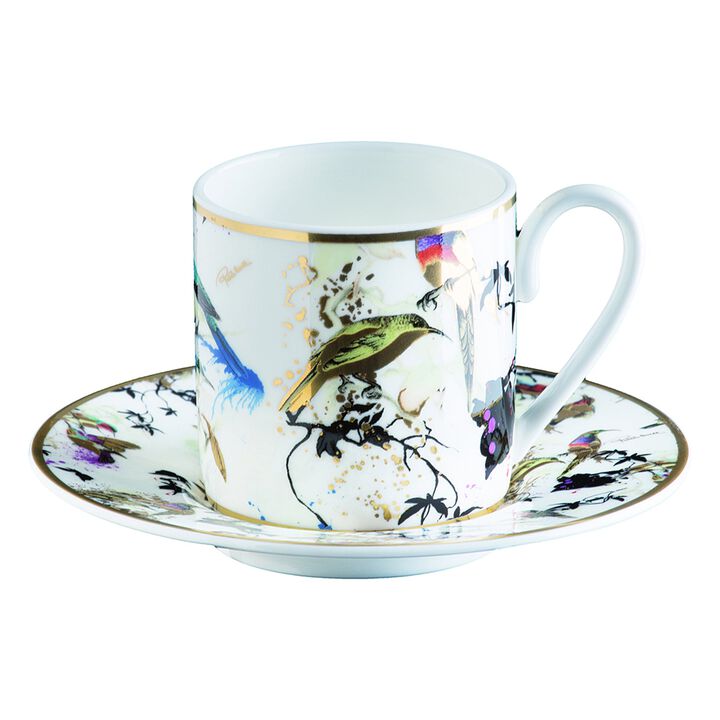 Coffee Cup & Saucer GARDEN'S BIRDS Set of 2 in Luxury Box  diam. 2.3", H 2.5", Cap. 4 oz, Saucer diam. 4.75"