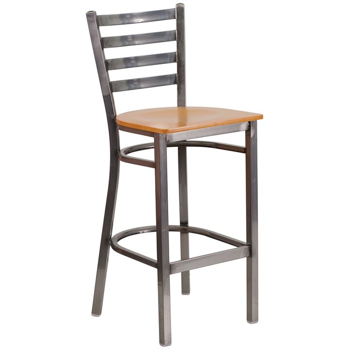 Flash Furniture HERCULES Series Clear Coated Ladder Back Metal Restaurant Barstool - Natural Wood Seat