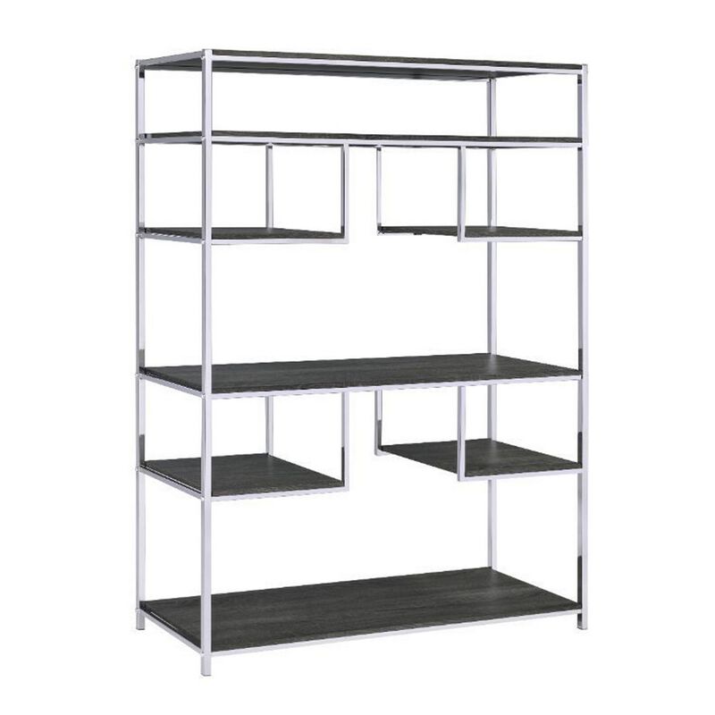 Etagere Bookshelf with 7 Shelves and Geometric Pattern,Silver and Dark Gray