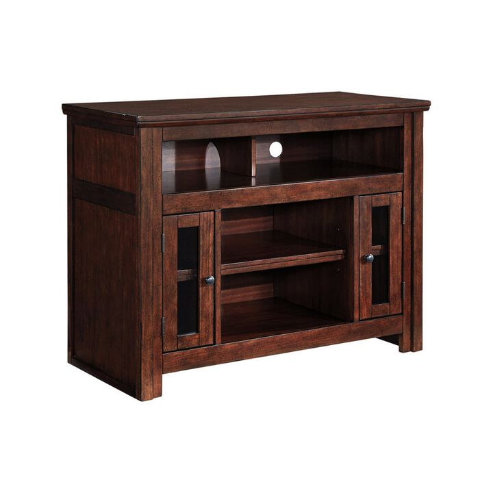 Wooden TV Stand with Two Glass Inserted Door Cabinets and Open Shelves, Brown-Benzara
