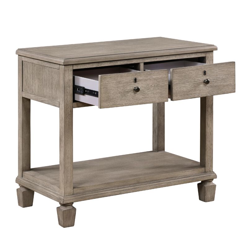 Cely Nightstand, 2 Drawers with Lower Open Shelf, Gray Oak Veneer - Benzara