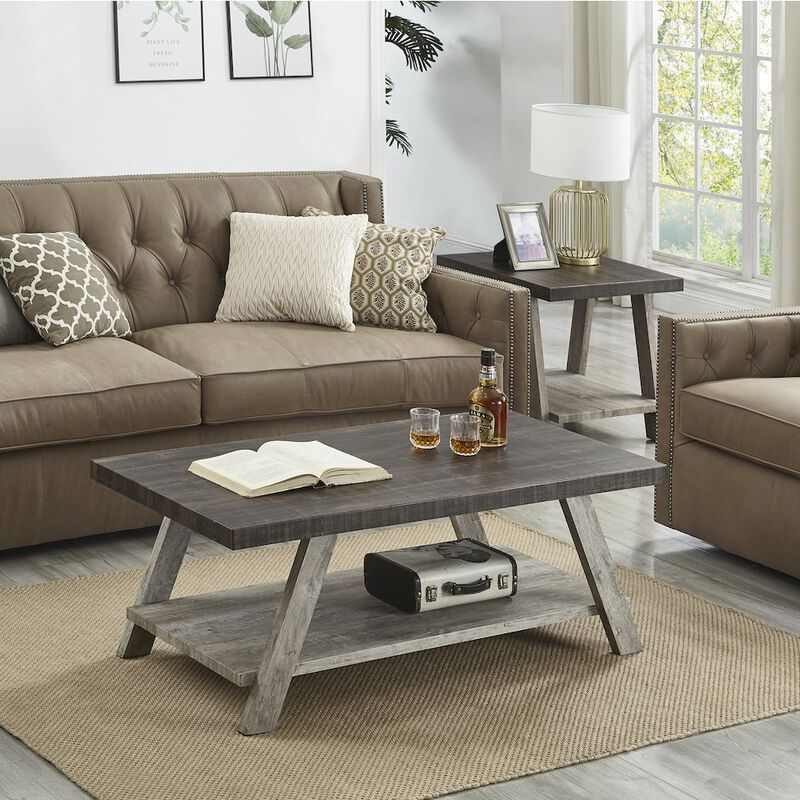 Roundhill Furniture Athens Contemporary 3Pc Wood Shelf Coffee Table Set in Weathered Walnut and Gray