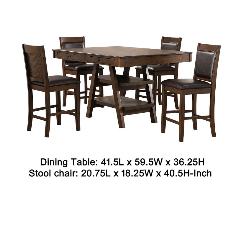 Wey 5pc Counter Height Dining Table and 4 Chairs Set, Brown, 2 Shelves - Benzara