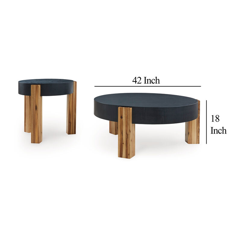 Moy 2pc Coffee and End Table Set, Round Black Textured Top, Solid Wood