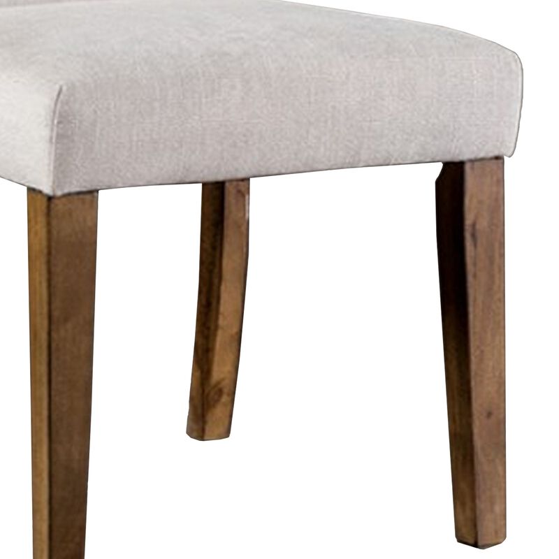 Jule Side Chairs Set of 2, Brown Solid Wood, Soft White Fabric Upholstery - Benzara