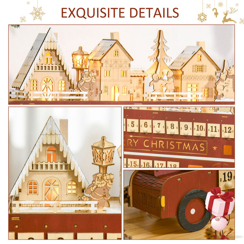 Christmas Advent Calendar, Light Up Wooden Bus Decoration w/ Village & Drawers