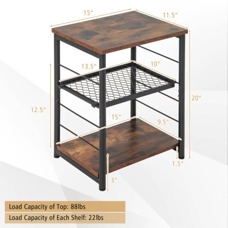 3-Tier Industrial Side Table with Adjustable Mesh Shelf