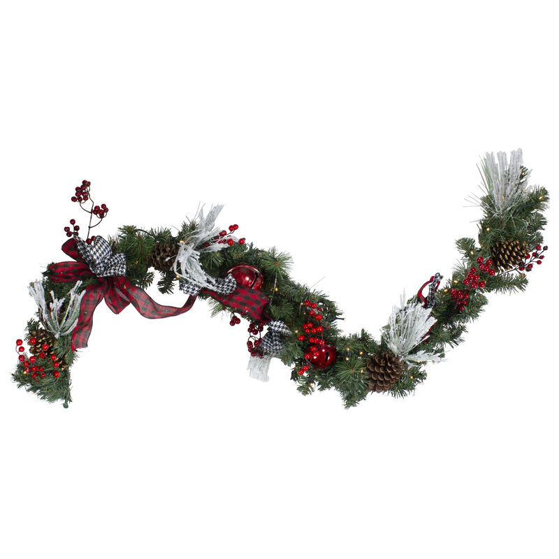 6' x 12" Pre-Lit Plaid Bows and Red Berries Artificial Christmas Garland - Warm White Lights image number 0