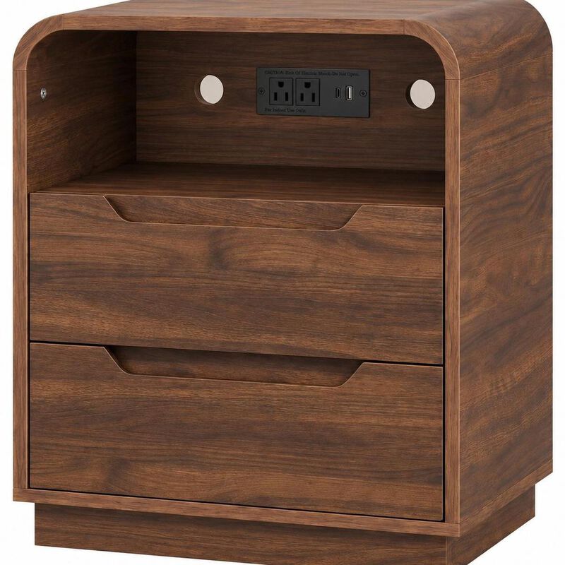 HomeRoots Ashen Fold Wood Two Drawer Nightstand with USB Port and Integrated Tech image number 3