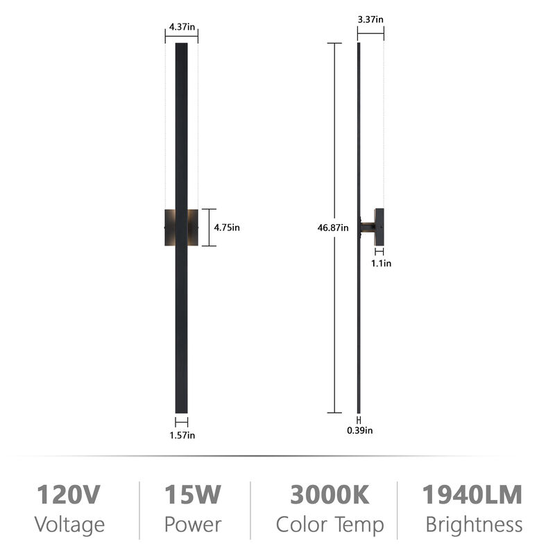 2-Pack 46.85" Modern Sand Black LED Outdoor Wall Lights image number 2