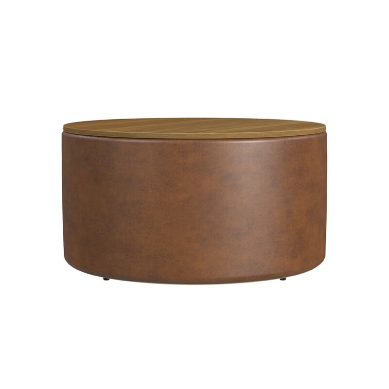 Mesy Storage Ottoman, 30 Inch Round Lift Tray Top, Brown Faux Leather - Benzara