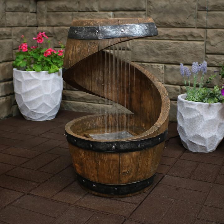 Sunnydaze Spiraling Barrel Outdoor Water Fountain with LED Lights - 25 in