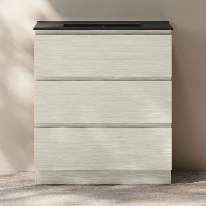 30" Freestanding Bathroom Vanity in White Oak, Black 3-Hole Widespread Sink Top