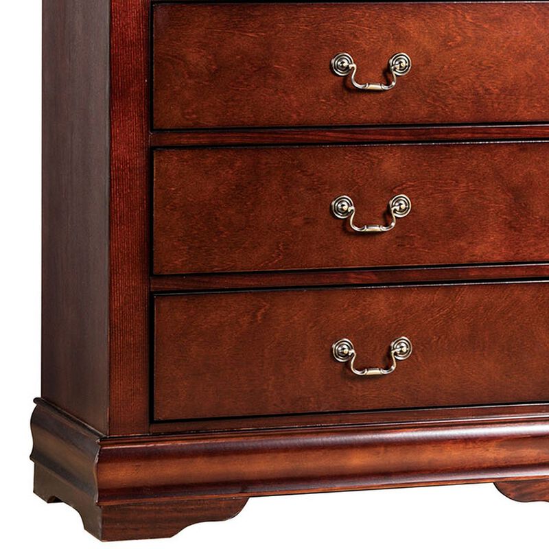 Ryla Tall Dresser Chest, 5 Drawers, Metal Handles, Cherry Brown Solid Wood - Benzara