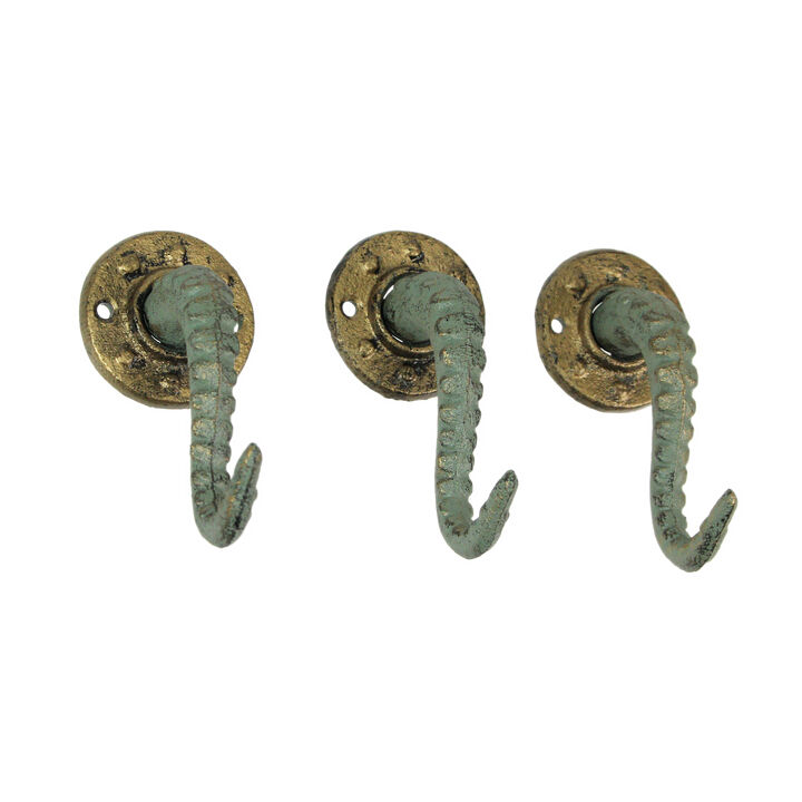 Set of 3 Verdigris Bronze Cast Iron Octopus Tentacle Wall Hooks: Nautical Key Hangers, 4.5 Inches High - Easy to Install - Enhance Your Decor with Coastal Charm