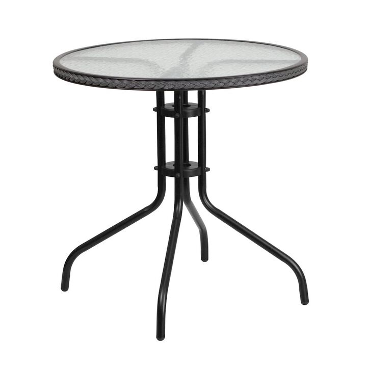 Flash Furniture 28'' Round Tempered Glass Metal Table with Gray Rattan Edging