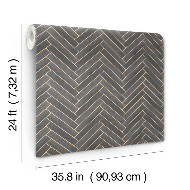 Herringbone Wood Veneer Graphite Wallpaper (Set of 2) image number 3