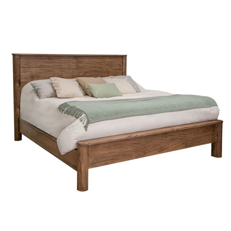Olum King Size Bed, Mango Wood, Grain Details, Rounded Edges, Rustic Brown