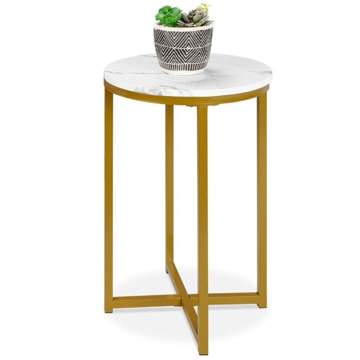 Hivvago Round Cross Leg Design Coffee Side Table Nightstand with Faux Marble Top White/Gold