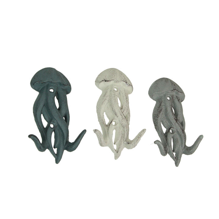 Set of 3 Cast Iron Jellyfish Wall Hooks 5 Inches High &ndash; Easy to Hang - Blue , Gray, White - Coastal Decor Perfection for Beach Towels, Keys or Coats