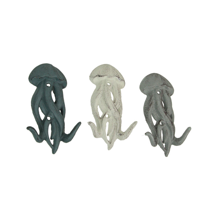 Set of 3 Cast Iron Jellyfish Wall Hooks 5 Inches High &ndash; Easy to Hang - Blue , Gray, White - Coastal Decor Perfection for Beach Towels, Keys or Coats image number 0