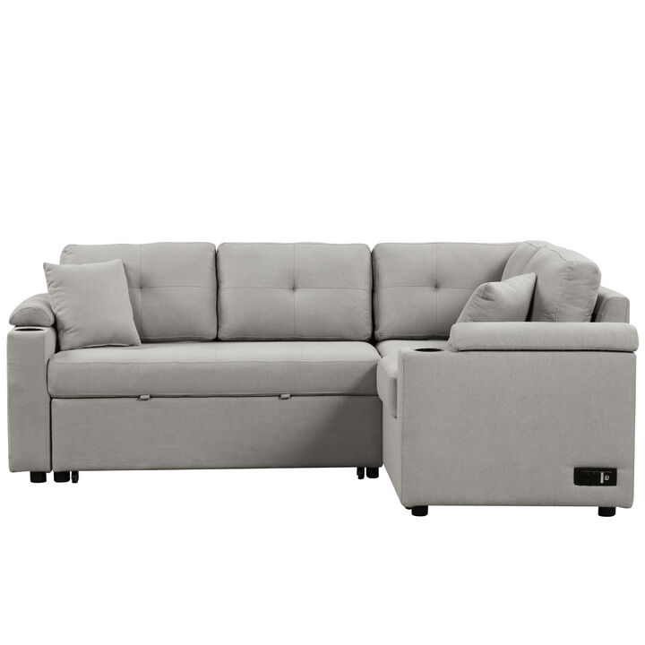 87.4" L-Shape Sofa Bed PUllout Sleeper Sofa with Wheels, USB Ports, Power Sockets for Living Room, Grey