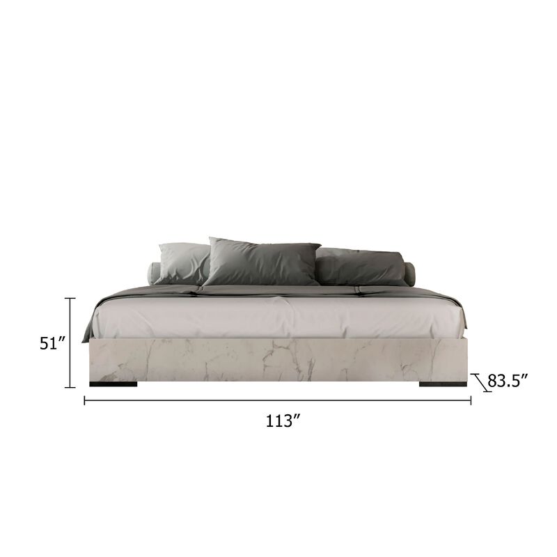Noe 3pc Queen Size Bedroom Set, White Faux Marble Finish, Wall Panel Design - Benzara image number 4