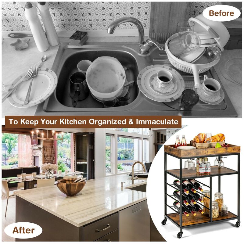 3-Tier Wood Rolling Kitchen Serving Cart with 9-Bottle Wine Rack for Stylish and Functional Storage
