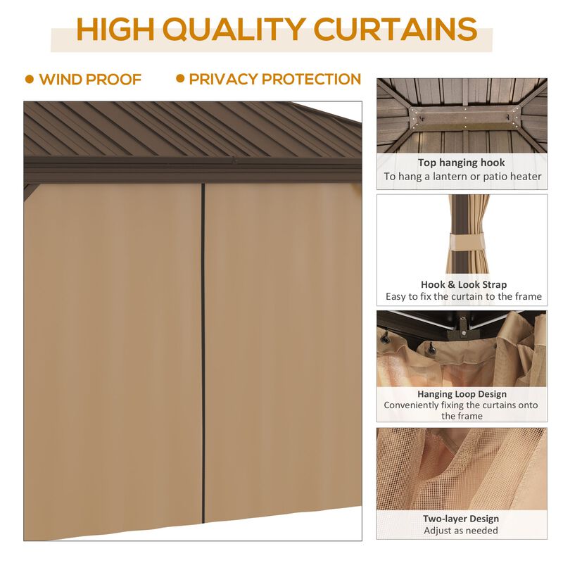 Brown Garden Pavilion: 10'x12' Hardtop Gazebo with Steel Roof & Curtains