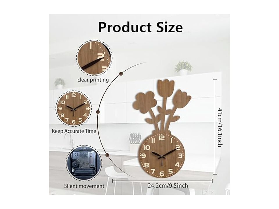 Vase Flower Irregular Shape Printed Wall Clock 52 Inch Silent Non Ticking