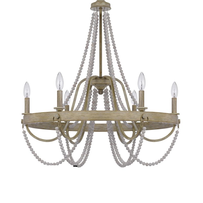 Maci 28 Inch Chandelier, White Beaded Candelabra Design, Brown Wood - Benzara