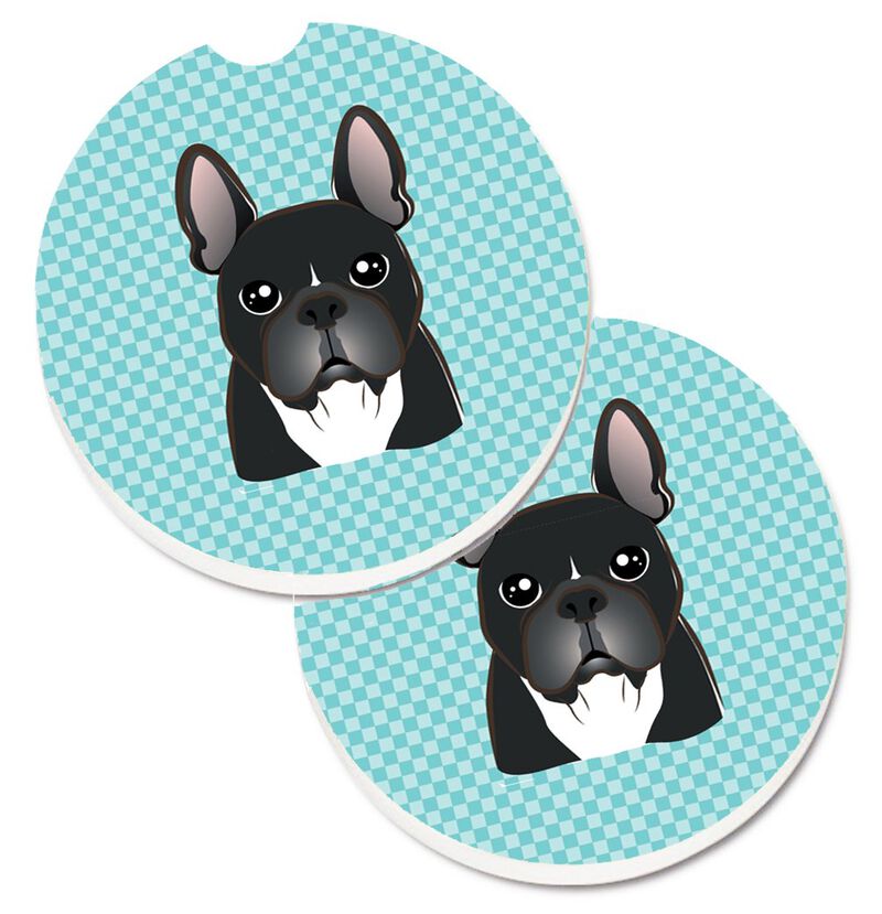 Caroline's Treasures Checkerboard Blue French Bulldog Set of 2 Cup Holder Car Coasters BB1165CARC, 2.56, Multicolor