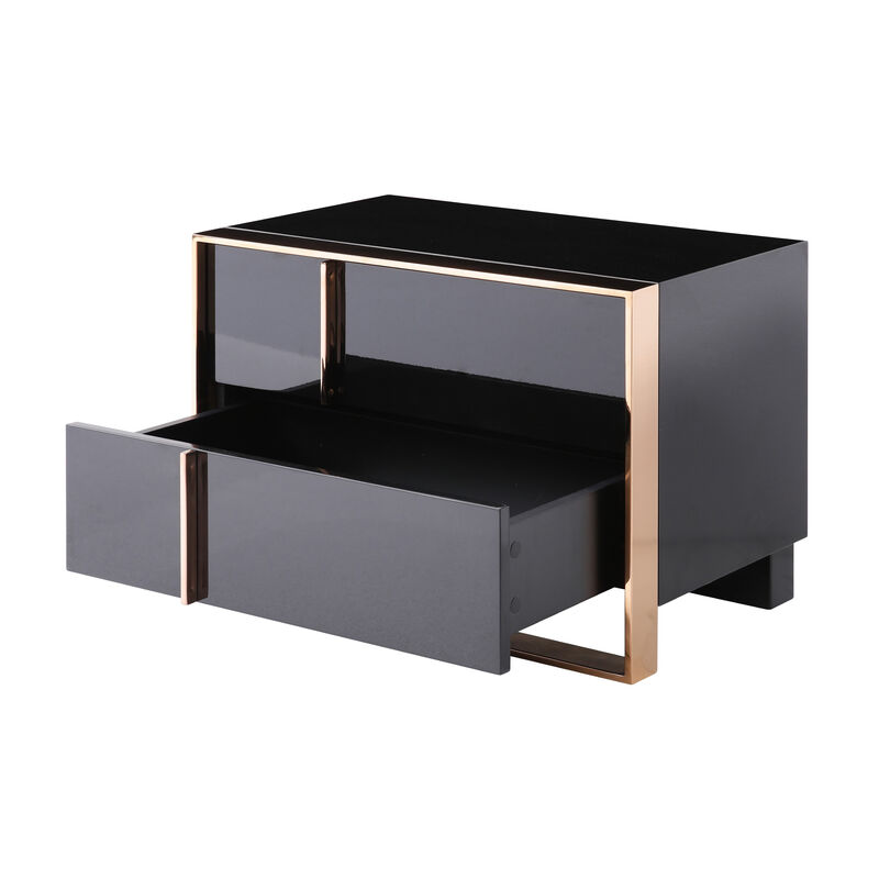 Caer Nightstand, 2 Drawers, Modern Rose Gold Stainless Steel, Black - Benzara