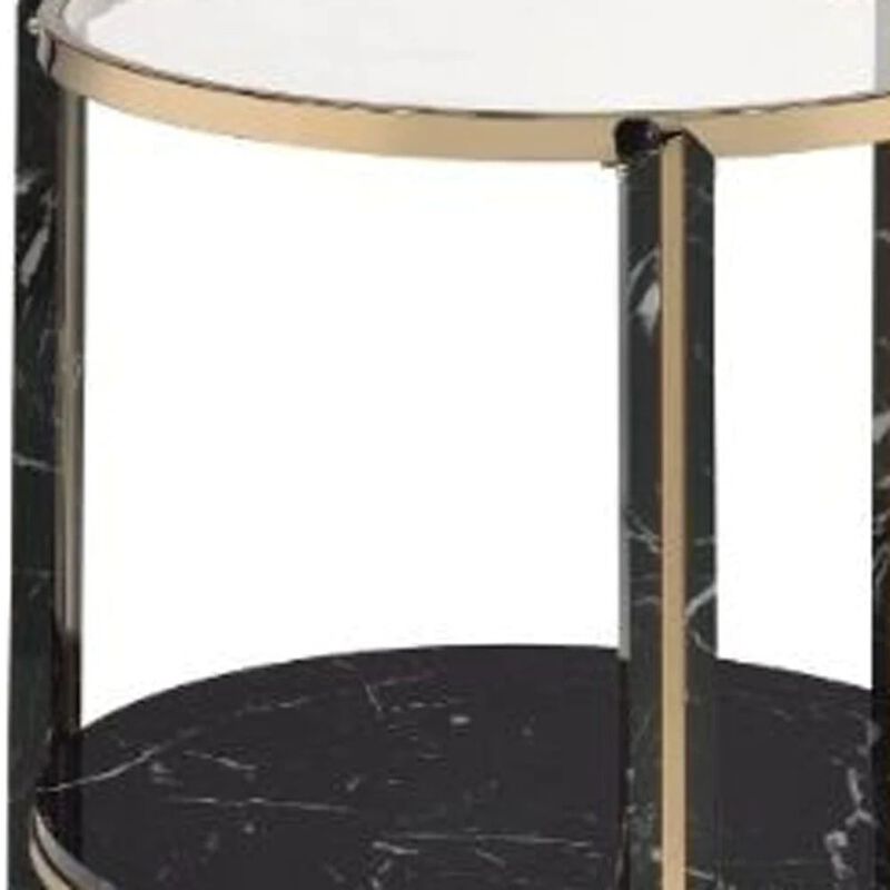 Homezia 24" Champagne And Clear Glass And Metal Round End Table With Shelf