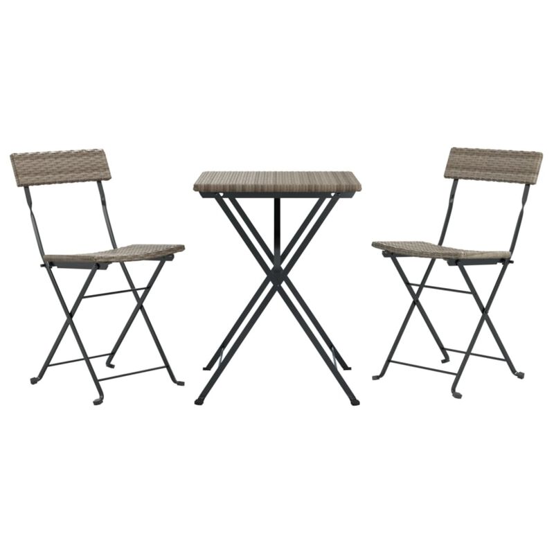 vidaXL Modern 3-Piece Folding Bistro Set in Gray - Weather-Resistant Poly Rattan Material with Powder-Coated Steel Frame - Perfect for Garden, Patio or Balcony