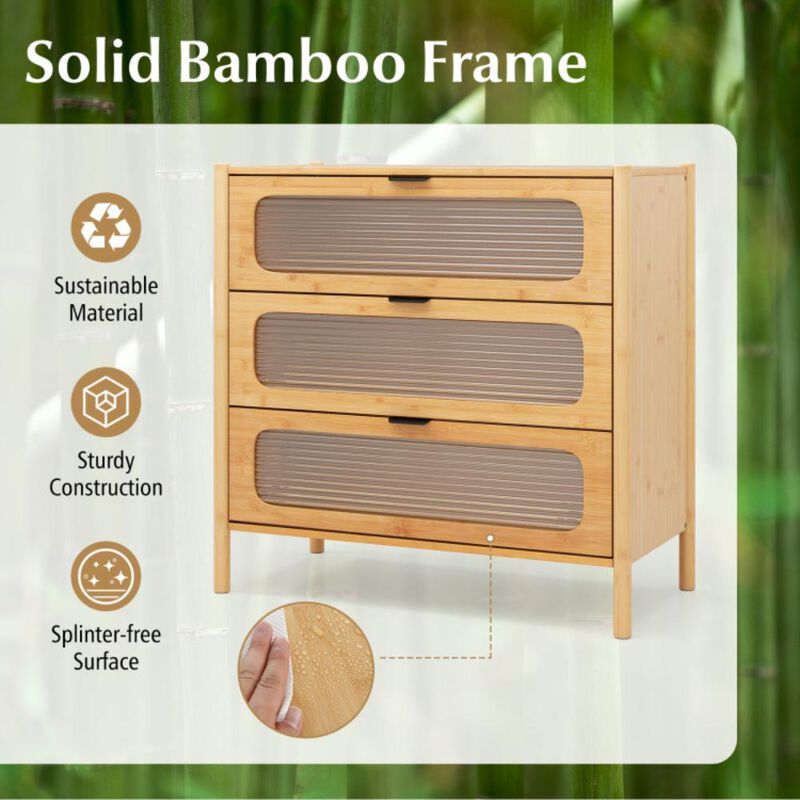 Hivvago 3 Drawer Mid Century Modern Chest of Drawers with Reeded Tempered Glass Front