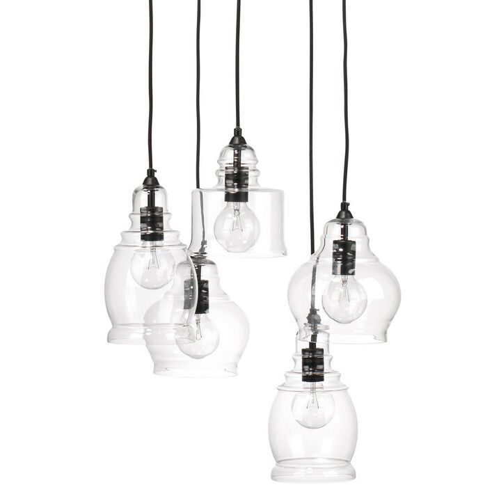 Pendant Light with 5 Glass Shades and Adjustable Cord, Clear-Benzara