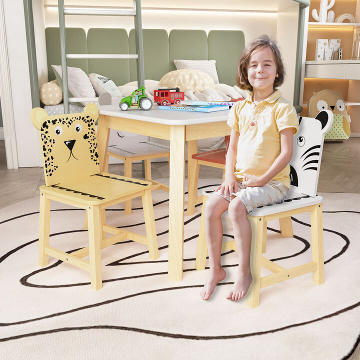 5 Piece Kiddy Table and Chair Set, Kids Wood Table with 4 Chairs Set Cartoon Animals (bigger table)（3-8 years old）