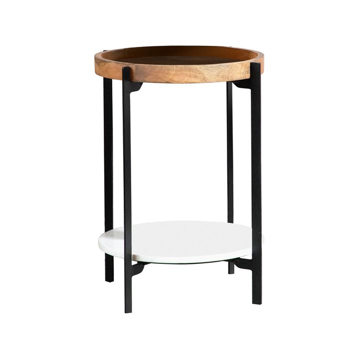 24 Inch Modern End Accent Table, Round Marble Shelf, Wood, White, Brown