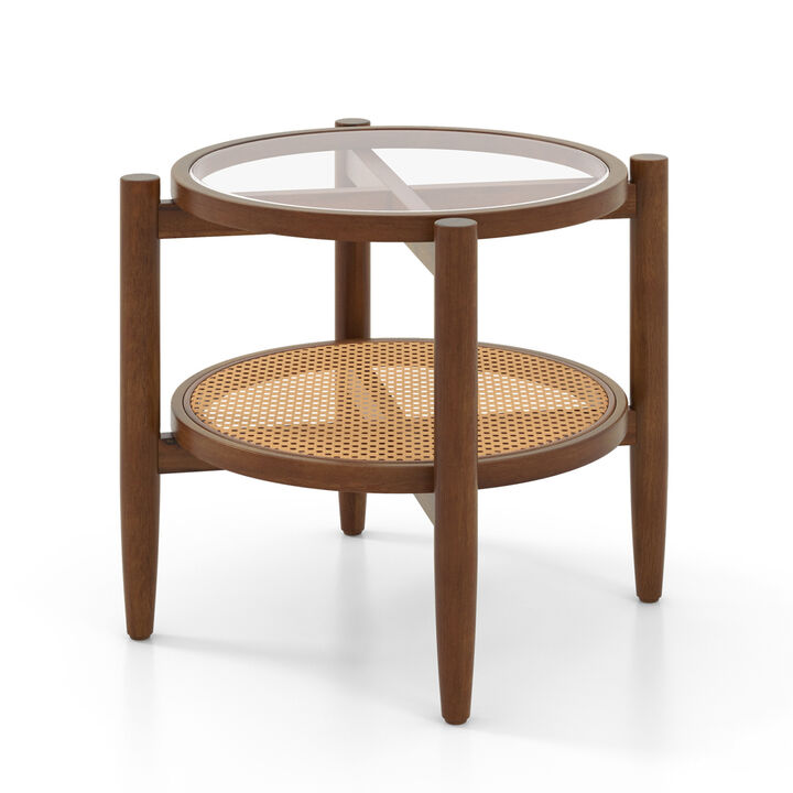 Round Rattan End Table with Glass Tabletop, Stylish Accent Side Table for Home Decor