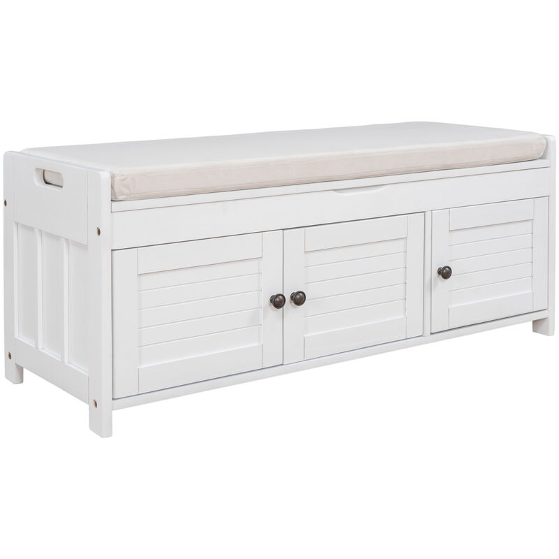 Whisen Storage Bench with 3-Shutter-shaped Doors and Removable Cushion - White