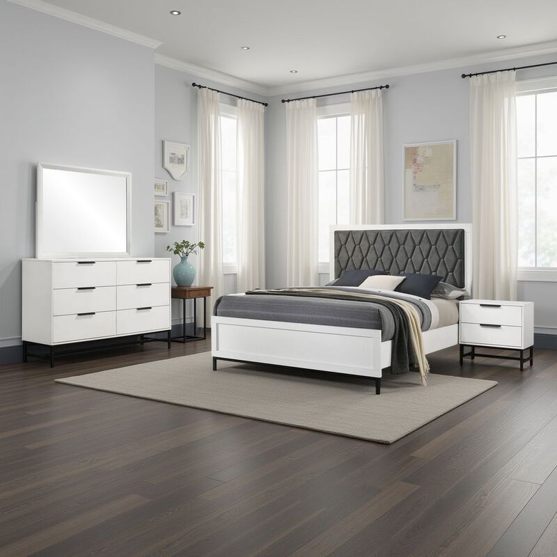 Noro 4pc Queen Bedroom Set, Modern White, Dresser Mirror Nightstand