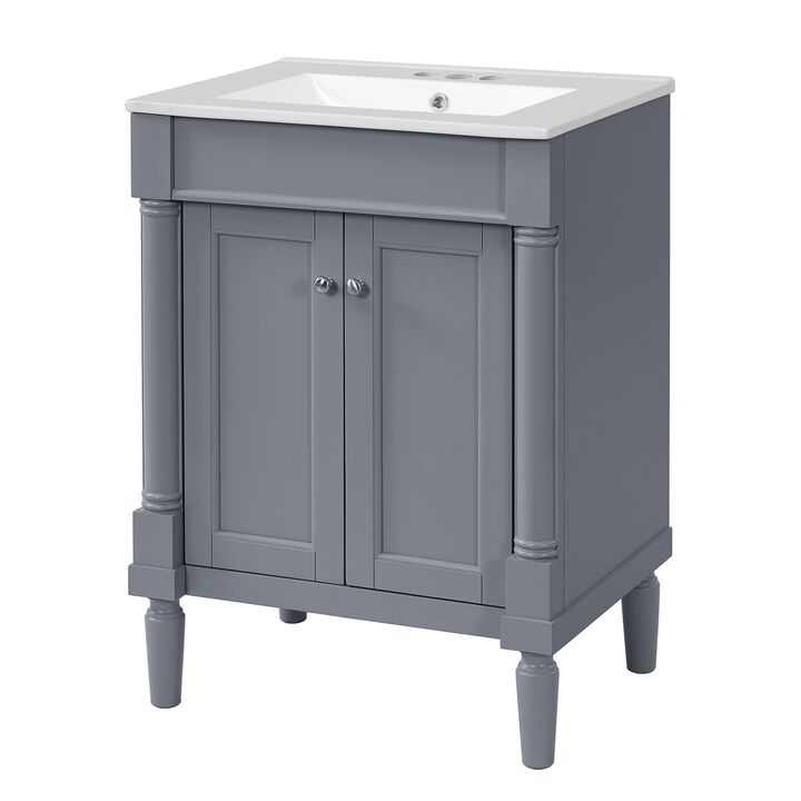 24" Freestanding Bathroom Vanity with Ceramic Sink, 2-Tier Storage Cabinet, 2 Soft-Close Doors