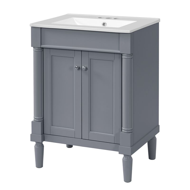 24" Freestanding Bathroom Vanity with Ceramic Sink, 2-Tier Storage Cabinet, 2 Soft-Close Doors image number 0