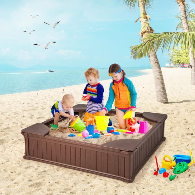 Hivvago Kids Outdoor Sandbox with Oxford Cover and 4 Corner Seats