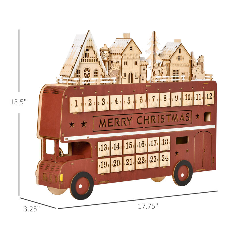 Christmas Advent Calendar, Light Up Wooden Bus Decoration w/ Village & Drawers